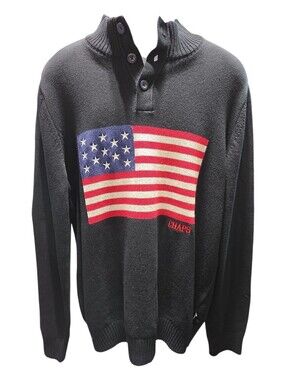 Chaps Men's American Flag Button-Down Knit Sweater, Jet Black Men's Size Large